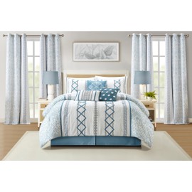 Stratford Park Blue Comforter Set California King Size, 15 Piece Terry Embroidery All Season Room-in-A-Bag, Matching Curtains, Sheet Set, Pillows & Shams