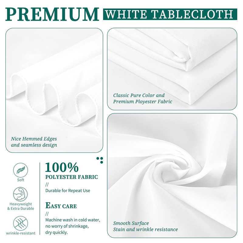 Showgeous White Tablecloths Rectangular Polyester Tablecloth for 8ft Rectangle Tables