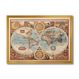DesignQ Ancient Map of The World VIII Vintage Framed Wall Art, Brown, 32x24