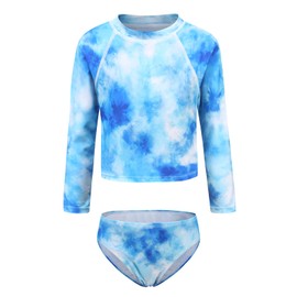 Big Girls Two Piece Rash Guard Swimsuits Set Tie Dye Bathing Suit for Kids Long Sleeve Hawaiian Swimwear Set Blue Size 16/14-16 Years
