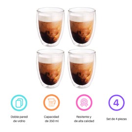 EasyWare Premium Set de Vasos y Tazas de Doble Pared de Vidrio Tèrmico Borosilicato Para Capucchino Espresso Té Café Etc (4 x 350)