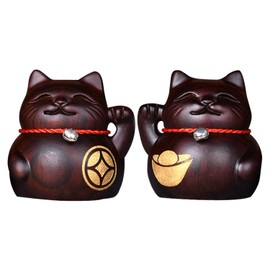 Archnote Maneki Neko Figurine, Stylish, Wooden Carving, Figurine, Interior, Opening Celebration, Black Altar, Pair Set