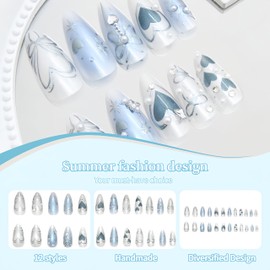 24Pcs Blue Bow Press on Nails Medium Almond Fake Nails with Silver Heart Rhinestones Design Glitter False Nails Blue Gradient Full Cover Artificial Glue on Nails Handmade Stick on Nails for Women