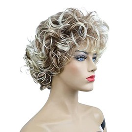 Peluca corta rubia, pelucas peludas con flequillo, peluca sintética en capas, peluca de ondas naturales para mujeres para uso diario (mezcla de rubio 