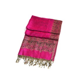 Sakkas Border Pattern Layered Reversible Woven Pashmina Shawl Scarf Wrap Stole - Fuscia