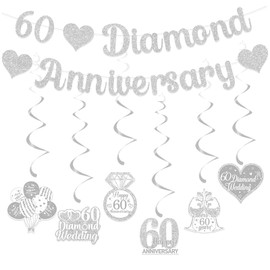 Gidobo 60th Wedding Anniversary Decorations Set, 60 Diamond Anniversary Banner, 6 Pieces Hanging Swirls, Glittery Party Hanging Bunting for Couple Parent Anniversary Celebration