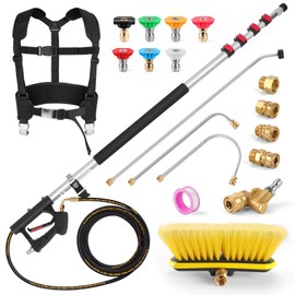 GIANTOOL 24FT Telescoping Power Washer Extension Wand, Gutter Cleaning Tools with Brush Head, 4 Adapters, 7 Spray Nozzles, Upgraded Support Belt, Pressure Washer Wand Extension for Wall Roof Gutter