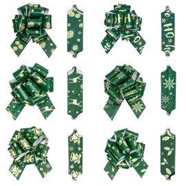 LeZakaa 12PCS Christmas Pull Bows with Ribbon - Green and Gold Style with Reindeer and Bell Design - Perfect for Gift Wrapping, Florist, Bouquet, Basket