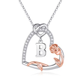 Rose Heart Necklace Gifts for Women, 925 Sterling Silver Initial B Letter Heart Pendant Necklace Jewelry Anniversary Valentines Day Gifts for Her Birthday Gifts for Women Gifts