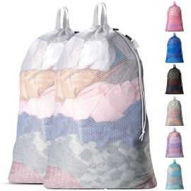 Large Mesh Laundry Bags - 2-Pack Heavy Duty with Handles & Drawstring - Machine Washable Net Laundry Sacks for College Dorm, Camp, Travel, Bedding & Clothes Storage (White)