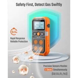 TopTes Guard-101 Gas Detector, 4 Gas Monitor for H2S, CO, LEL and O2, with Vibration, Visual and Audible Alarms, 14h Long Battery Life, Safety Explosion-Proof, for Work, Home - Orange