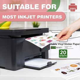 20 PCS Printable Vinyl Sticker Paper for inkjet printer & Laser Printer,Standard Letter Size 8.5"x11",Waterproof Sticker Paper Dries Quickly Vivid Colors,Matte White
