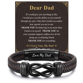 FLHEART Gifts for Dad Mens Bracelets - Brown Braided Leather Infinity Knot Bracelet Engraved Love My Dad for Men, Daddy Gifts from Daughter Son, Gift For Father's Day Birthday Christmas