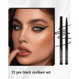 12 Pcs Black Eyeliner Pencil Set, Matte Waterproof Gel Eye Liner Pencils, Long-Lasting Sweatproof Smudge Proof Waterline Gel Eyeliner, Retractable Eye Makeup Pen for Women, Soft Smooth Cream Texture