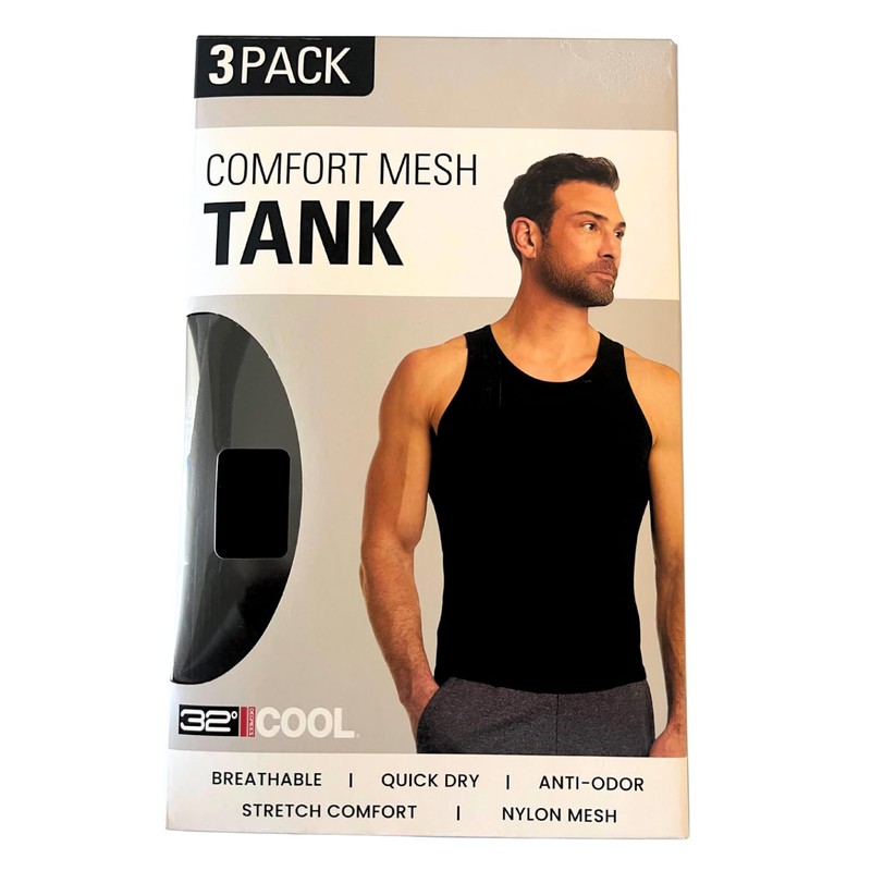 32 Degrees Comfort Mesh Tank Top, 3 Pack, Large Black