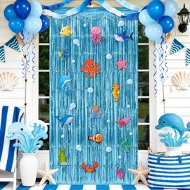 Under the Sea Party Decorations Ocean Birthday Party Decor Underwater Blue Foil Fringe Curtain with Sea Animal Cutouts Summer Ocean Themed Door Decoration Tinsel Backdrop for Baby Shower Supplies