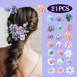 Flower Hair Clip, Pack of 21 Multicoloured Flower Hair Clips, Artificial Flower Hair Clip, Flower Hair Accessories for Party, Beach, Wedding, Event Decoration (Blue Purple)