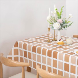 FIFTY FEET 84 * 60 Inch Rectangle Tablecloth, Vinyl Tablecloth with Flannel Backing for Rectangle Tables Waterproof, Plastic Picnic Table Cover for Dining Table/Buffet Parties/Camping(Brown Plaid)