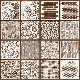16 PCS Wood Cubist Stencils, 6 x 6 Inch Texture Mixed Media Burlap Reusable Plastic Stencil for Painting on Wood Wall Canvas Furniture Floor Geometric Cubist Art Stencils for Tile Craft Making