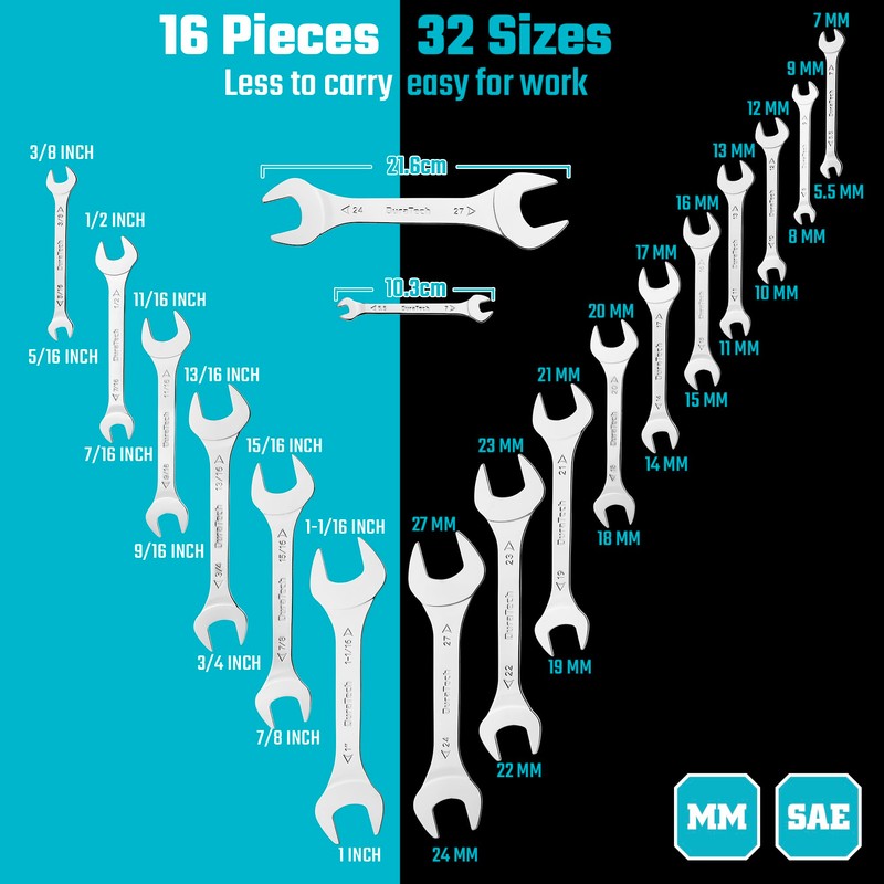 DURATECH Super-thin Open End Wrench Set, SAE(5/16" to 1-1/16") &