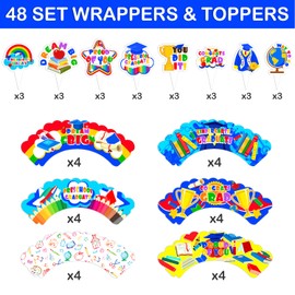 48PCS Kindergarten Graduation Themed Birthday Party Decorations | 24PCS Cupcake Toppers & 24PCS Cupcake Wrappers Party Favors Supplies Preschool Graduation Congrats Grad Pre-K Centerpiece Table Gifts