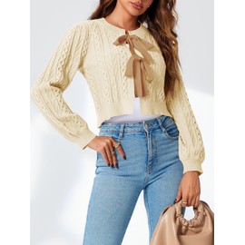 Saodimallsu Womens Cropped Cable Knit Sweater Long Sleeve Crewneck Bow Tie Open Front Fall Chunky Cardigan Coats Beige