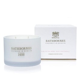 Rathbornes Two Wick Classic Scented Candle Dublin Tea Rose Oud and Patchouli 190 Grams 40 Hour Burn Time