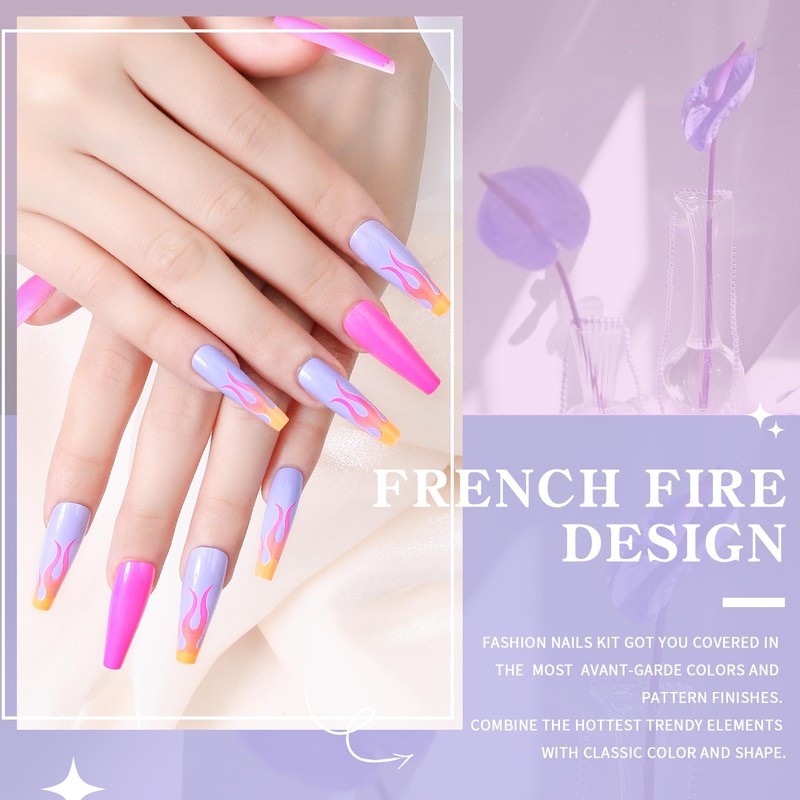 French Coffin Nails Fire Flames Shiny Fake Nails Wildfire Fluorescent