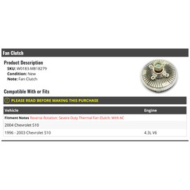 Marketplace Auto Parts - Fan Clutch - Compatible with 1996-2004 Chevy S10 4.3L V6 (with AC)