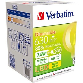 VERBATIM 65636 B22 LED Filament G125 Dome 7.5W Dim Amber 2000K 630Lm Wattage: 7.5W, Wattage Equivalent: 50W