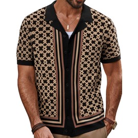 PJ PAUL JONES Mens Knit Polo Cuban Shirts Button Down Short Sleeve Shirts 70S Retro Fashion Shirts Camel