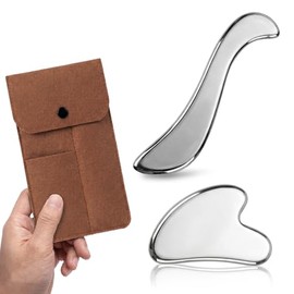 Rena Chris Gua Sha & Herramienta raspadora muscular, juego de gua Sha de acero inoxidable para drenaje linfático y masaje de tejido profundo, bolsa de