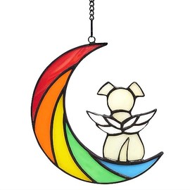 HACRAHO Dog Stained Glass Window Hanging, 1 Pack Puppy on Moon Window Hanging Suncatcher Decor Dog Memorial Gifts for Dog Lovers, Yellow