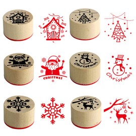 JZTang 6 Pcs Wooden Stamps Set Round Wooden Rubber Stamps for Card Making Merry Christmas Pattern Rubber Stamp for DIY Craft Card and Scrapbooking (Merry Christmas)