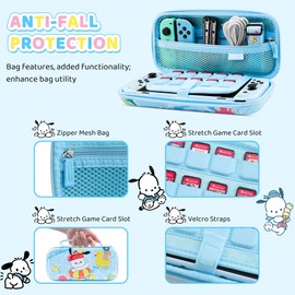 HYPERCASE for NS Accessories Bundle Cute Switch Case Kit, with Blue Switch Travel Carrying Bag of Pocha Dog, Hard Switch Protective Skin Cover for NS, Screen Protector, Shoulder Straps & 2 Thump Caps