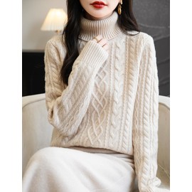 Chanyarn Women's 100% Merino Wool Turtleneck Sweater 2024 Fall Winter Casual Cable Warm Soft Long Sleeve Knit Sweater (Beige,M)