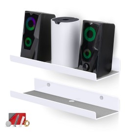BRAINWAVZ 2-Pack 15" Floating Acrylic Wall Shelf for Speakers, Books, Decor, Plants, Cameras, Photos, Kitchen, Bathroom, Routers & More Universal Small Holder Shelves (White)