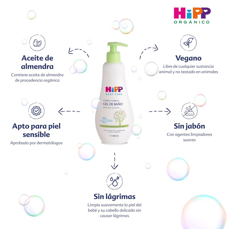 HiPP Gel de Baño para bebé, Cuerpo y Cabello. Para