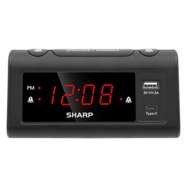 SHARP Alarm Clock for Bedrooms, Super Fast USB-C Charging and Fast 2 Amp USB Charging, 2 Alarms, 3-Step Dimmer, Snooze, Easy to Set Controls, Black with Red LED Display