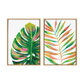 Kate and Laurel Sylvie EV Monstera and EV Palma No 2 Framed Canvas Wall Art Set by Jessi Raulet of Ettavee; 2 Piece 23x33 Natural; Colorful Plant Leaf Art Set for Wall