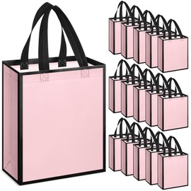 Sweetude 16 Pcs Reusable Gift Bags with Handles Non Woven Reusable Goodie Gift Tote Bags for Shopping Retail Grocery Wedding Birthday Holiday Party Favor(Light Pink Black,8 x 4 x 10 Inch)