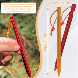 UICCVOKK 20 Stück Zeltheringe, 18cm/7" Zeltheringe Sturmsicher, Sandheringe, Aluminium Heringes,Heringe Camping Ultralight Heavy Duty, Winddichte und verstärkte Bodennägel mit Seil (Rot+Gold)