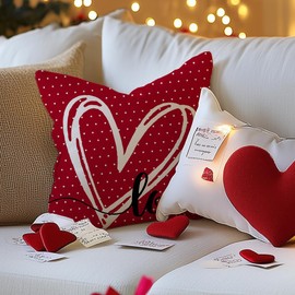 GEEORY Happy Valentine's Day Love Throw Pillow Covers 18x18 Inch Set of 4, Hearts Polka Dots Decorative Farmhouse Wedding Cushion Case for Home Decoration (Red) G662-18