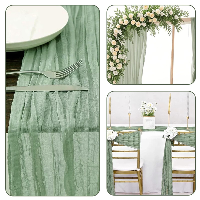 COWANIEE 2 Pcs Green Table Runner, Cheesecloth Table Runner Decorations