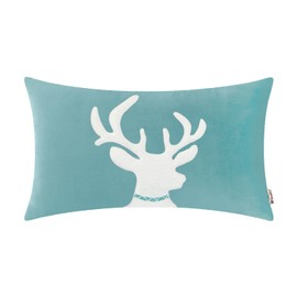 BRAWARM Christmas Pillow Cover 12 X 20 Inches, Teal Reindeer Embroidered Lumbar Pillow Cover, Soft Velvet Decorative Throw Pillow for Couch Bed Sofa Living Room Home