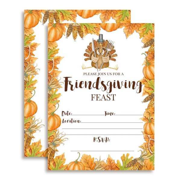 Watercolor Turkey Friendsgiving Feast Invitations, 20 5"x7" Fill In Cards