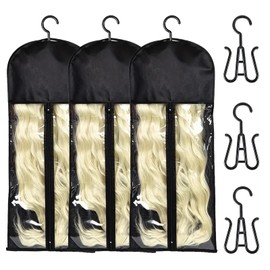 TYXHXTF 3PCS Hair Extensions Storage Bag, Store Style Hair, Portable Wig Storage Bags, Dust-proof Wig Hanger Extension Storage Bag, Wig Bags Storage with Hanger (BLACK)