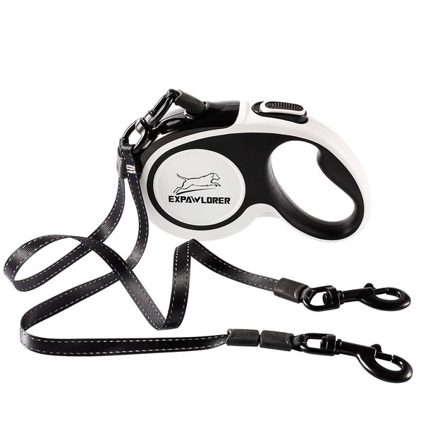Dual Retractable Dog Leash - Double-Head Lockable Extendable Pet Leash - 16ft Reflective Nylon Ribbon - 360¡ã Tangle-Free for Two Dogs Walking Training