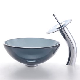 Kraus GV-104-14-SN 14-Inch Clear Black Glass Vessel Sink with PU-MR, Satin Nickel