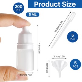 Lainballow - 200 botellas cuentagotas de 5 ml, botellas transparentes de polietileno con tapa y enchufe, botella cuentagotas portátil con 5 embudos, 5 goteros, gotero líquido aspiradora para gotas